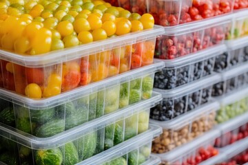 Colorful fresh produce in clear plastic containers a lively display of fruits and vegetables at a local market captured in a vibrant inviting environment for sustainable living awareness