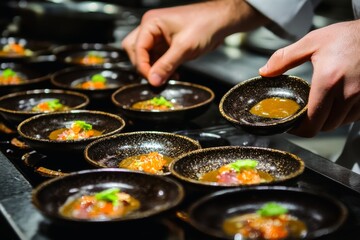 Fototapeta premium A Close-Up of a Chef's Hands Preparing a Gourmet Dish.