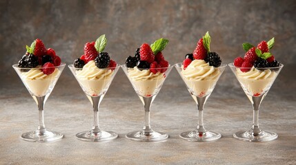 Delicious Layered Desserts with Raspberries and Blackberries in Elegant Glasses