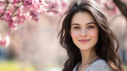 Naklejka premium A young woman with long, dark hair smiles at the camera.