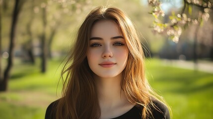 Naklejka premium A young woman with long, dark hair and green eyes smiles at the camera.