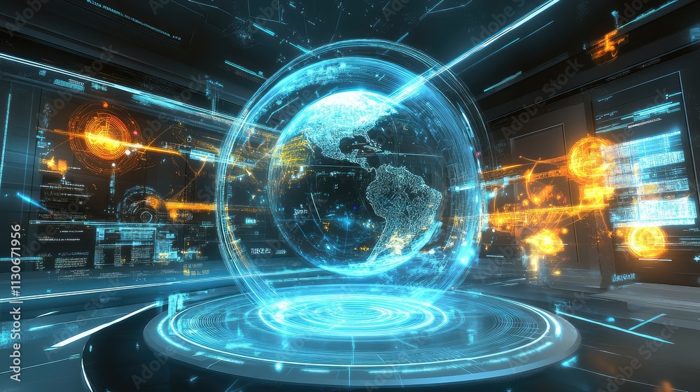 Poster futuristic digital globe with geometric patterns and data streams