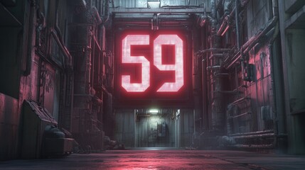 Number 59 Glowing Neon Sign in a Cyberpunk Industrial Alleyway Digital Art