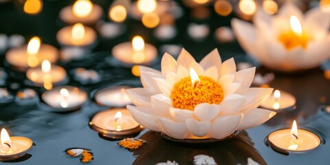 Lotus Candlelight Ritual: A serene and enchanting scene of white lotus-shaped candles floating on a tranquil pond, their warm glow casting a mystical aura over the water.
