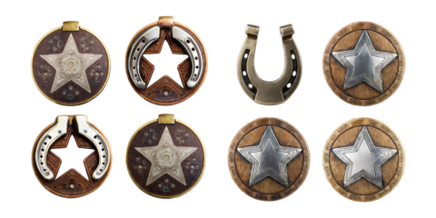 Vintage Western Badges and Horseshoes Collection, PNG collection, set bundle, isolate on transparent or white background