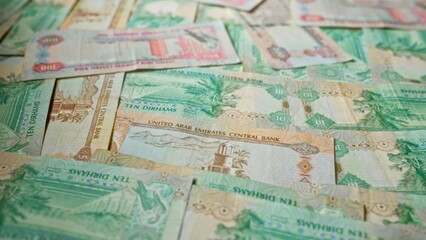 United arab emirates banknotes arranged neatly, showcasing various denominations of dirhams in a detailed view, representing the country's currency and financial system.