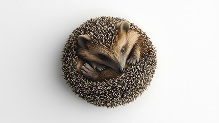 Small hedgehog curled into a ball, centered on a seamless white background for a charming composition 