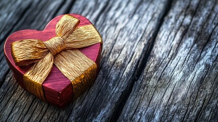 Fototapeta premium Heart shaped Valentines Day gift box with wrinkled golden ribbon on old wood Vintage holiday background