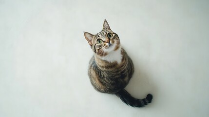 Top-down shot of a cat sitting with its tail curled, looking up with an alert expression on a clean white backdrop 