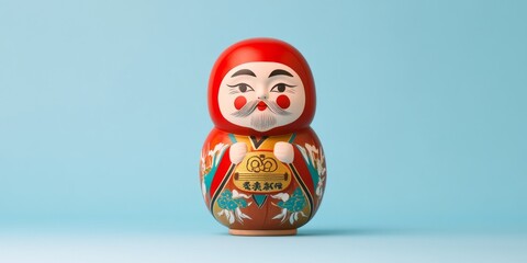 Daruma Doll: A traditional Japanese Daruma doll, a symbol of perseverance and good luck,  with a red and gold painted design,  against a light blue background.