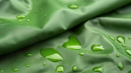 Fabric Demonstrating Waterproof Properties Concept, Practical Demonstration of Waterproof Fabric with Water Droplets on Green Surface