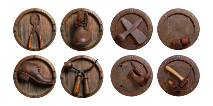 Vintage Tools and Craftsmanship in Wooden Frames, PNG collection, set bundle, isolate on transparent or white background