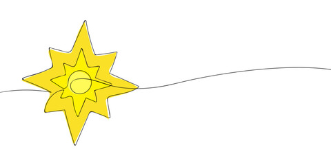 A single line drawing of a manger and star. Continuous line christmas nativity scene icon. One line icon. Vector illustration.
