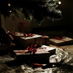 Christmas Morning Silhouette with Opened Gifts and Tree, Christmas Morning Gift OpeningChristmas day, New Year's Eve, Happy New Year 