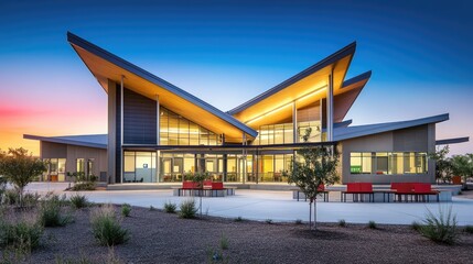 Obraz premium Modern Architectural Design of a Building Against Sunset Sky