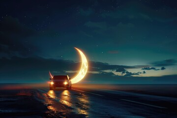 Ramzan Mubarak with car headlight creating moon shape on road