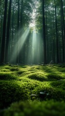 Obraz premium A serene forest scene with sunlight filtering through trees, illuminating lush green moss.