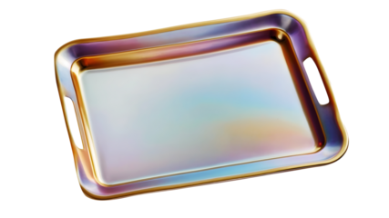 A rectangular empty metal tray with a holographic surface, reflecting rainbow colors, placed on a neutral background, top view