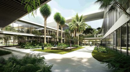 Fototapeta premium Modern Architectural Design with Lush Green Courtyard and Palm Trees
