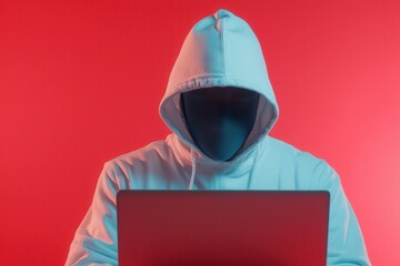 Hacking Vulnerability Laptop Concept. Hooded figure with a concealed face typing on a laptop against a vibrant red background.