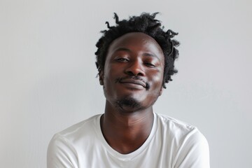 Obraz premium Portrait of a satisfied afro-american man in his 20s dressed in a casual t-shirt on plain white digital canvas