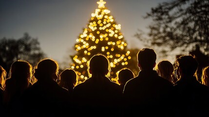Fototapeta premium Community Christmas Tree Caroling Silhouette Scene, Neighborhood Caroling GroupChristmas day, New Year's Eve, Happy New Year 