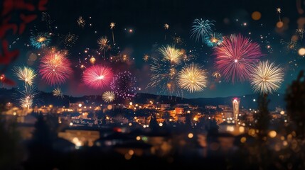 Obraz premium Spectacular Nighttime Fireworks Display Over Cityscape