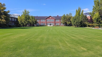 Obraz premium Lush Green Lawn in Front of Historic Building Under Blue Sky