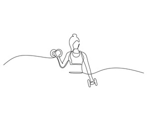 Minimalist one-line drawing of a person lifting dumbbells, symbolizing fitness, strength, and exercise. The continuous line art style adds a modern and artistic touch.