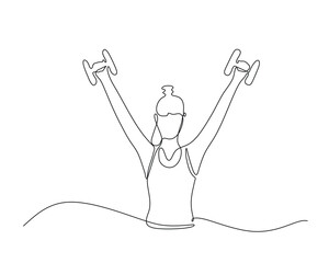 A woman standing casually, lifting a dumbbell with both hands. Perfect for illustrating fitness, strength training, and workout concepts. Minimalist continuous line art style adds a modern touch.