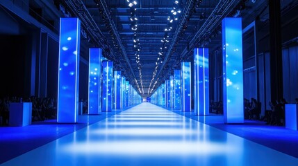 Fototapeta premium Blue Illuminated Runway at a Fashion Show