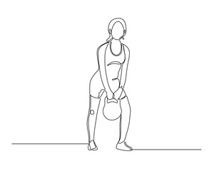 Fototapeta premium Continuous line drawing of a person lifting a kettlebell, demonstrating strength and fitness. Ideal for workout routines, gym exercises, and healthy lifestyle concepts.