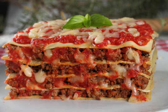 lasagna with tomato sauce, meat and cheese