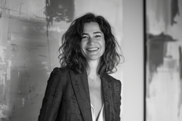 Fototapeta premium Portrait of a joyful woman in her 40s dressed in a stylish blazer over bare monochromatic room