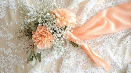 Fototapeta premium Delicate Floral Arrangement with Peach Ribbon and Babys Breath on Lace Tablecloth
