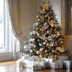 Elegant Christmas tree with white and gold ornaments, presents at the base, in a luxurious room.