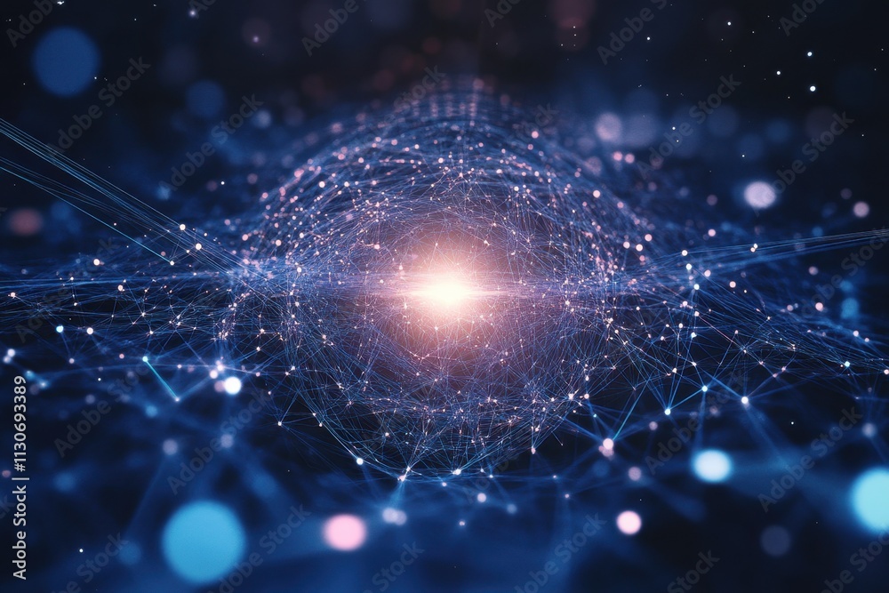 Poster visualization of interconnected particles forming a luminous network in a cosmic space