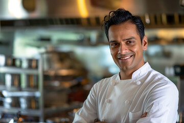 Fototapeta premium Confident Indian male chef in a professional kitchen setting smiling