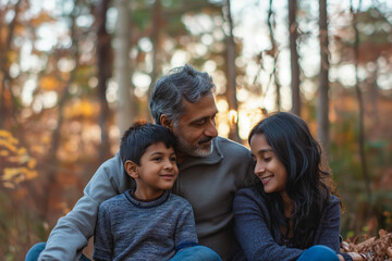Fototapeta premium Indian adult male with children enjoying autumn in a forest setting