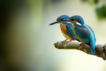 Obraz premium Colorful kingfishers perched on a branch near water during bright daylight
