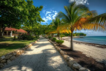 scenic beach pathway lined with palm trees