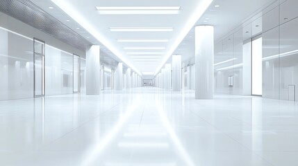 A white, sterile corridor with pillars and bright lighting.