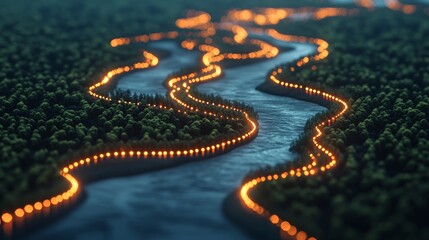 Connection of ecosystem strategy. Winding river illuminated by lights through lush forest.