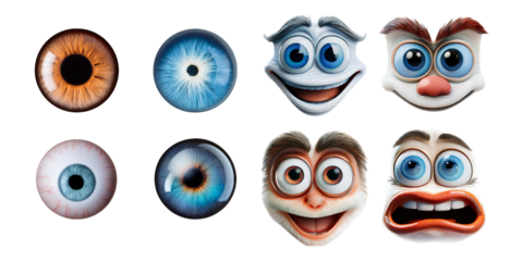 Colorful Cartoon Eyes and Facial Expressions on Transparent Background