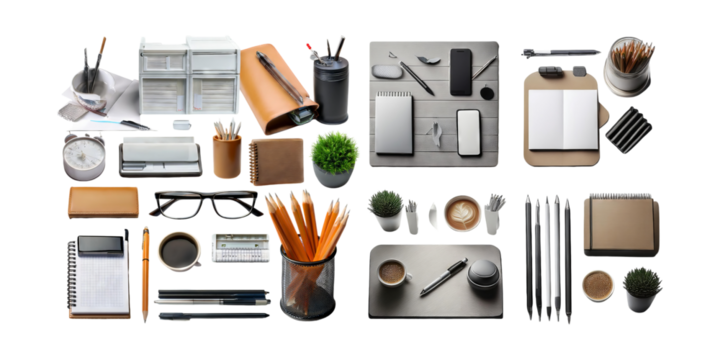 Stylish Office Supplies on Transparent Background