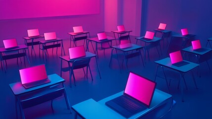 Obraz premium Digital classroom for online education with desks, laptops, and social distance concepts. 