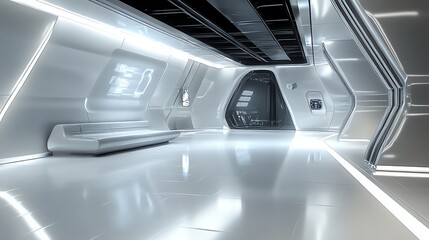 A futuristic, sterile white hallway with glowing lines on the floor and ceiling.