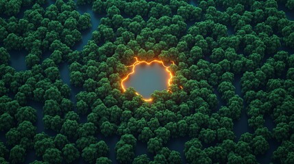 Connection of ecosystem strategy. Enchanted forest with a glowing circular pond.