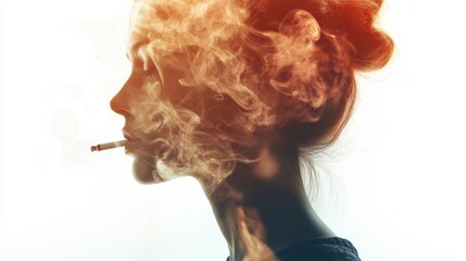 Fototapeta premium Double exposure portrait of a woman and cigarette smoke on a white background.