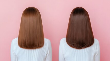 Fototapeta premium Hair Damage Repair Concept. Two women with long, straight hair facing away against a pink background.